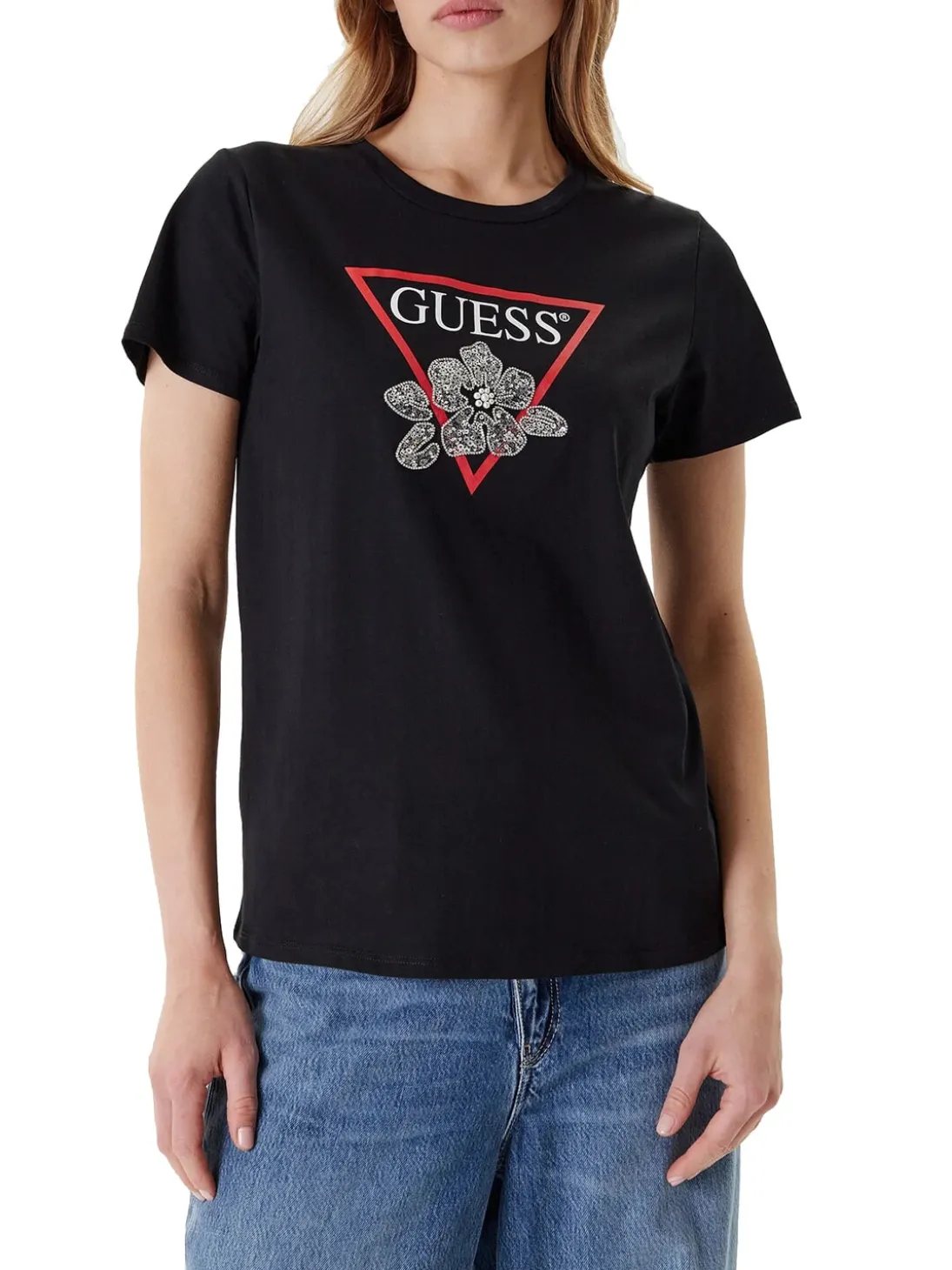 FLOWER BLING T-shirt con stampa e applicazione
